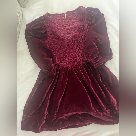 Free People Dresses & Skirts - Free People Velvet Smocked Mini Dress - Burgundy